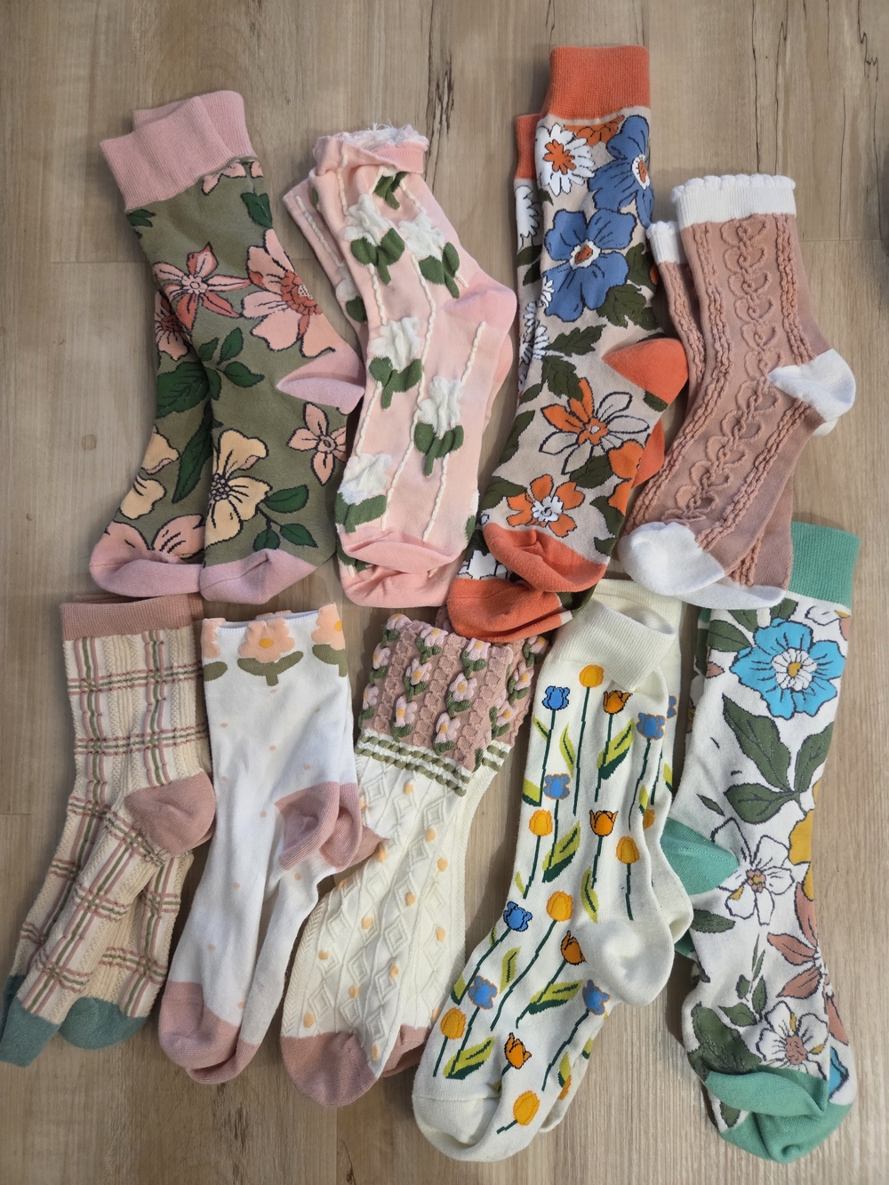 Floral & Patterned Assorted Crew Socks - Pink, Green, Orange, Cream